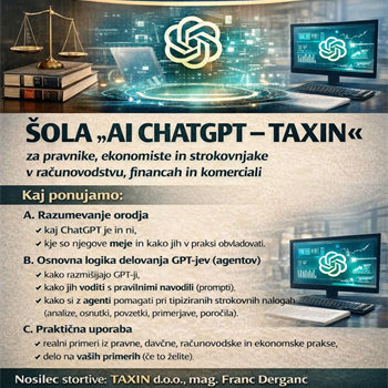 ŠOLA »AI CHATGPT – TAXIN« - za pravnike, ekonomiste in strokovnjake v računovodstvu, financah in komerciali…